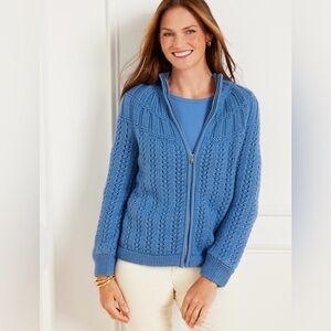 Talbots Plus Mixed Stitch Cardigan Size 2X Full Zip Blue Textured Knit Mock Neck